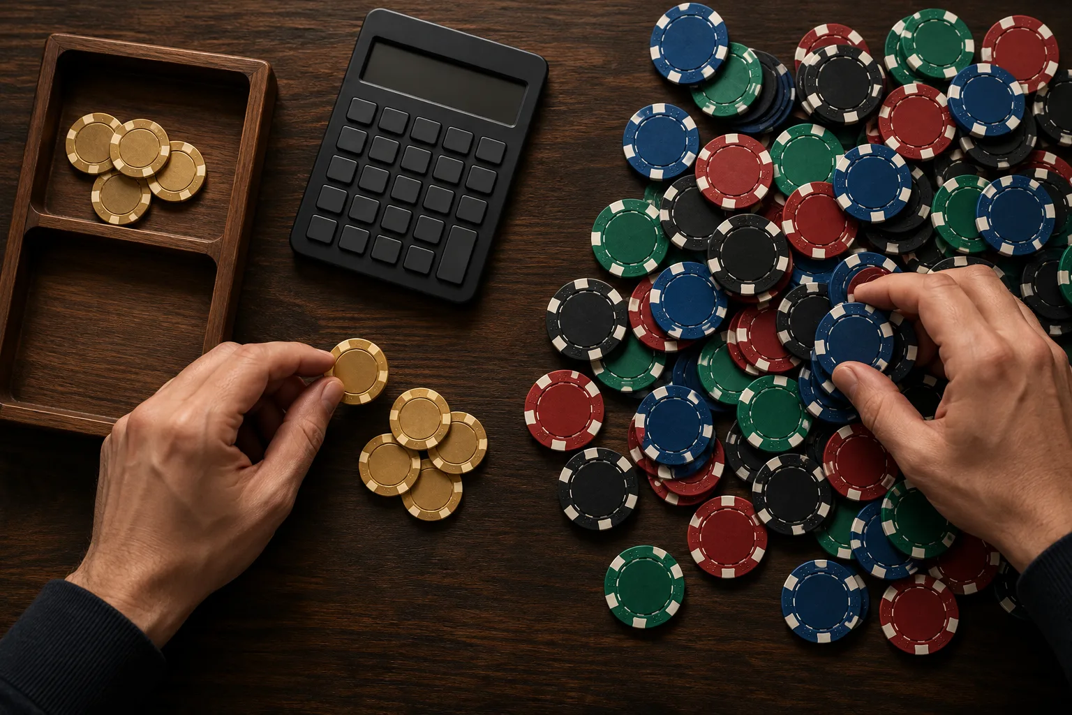 A small pile of promotional tokens mapped to a much larger field of wagering chips, Anonymous hands separate the starting