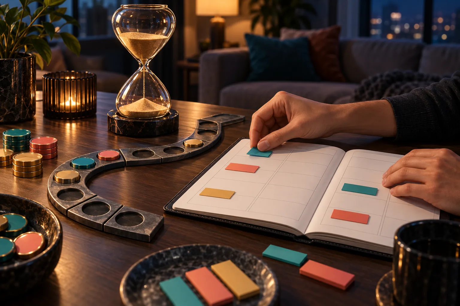 An hourglass running beside an unfinished wagering path and a blank weekend planner, Anonymous hands mark available session
