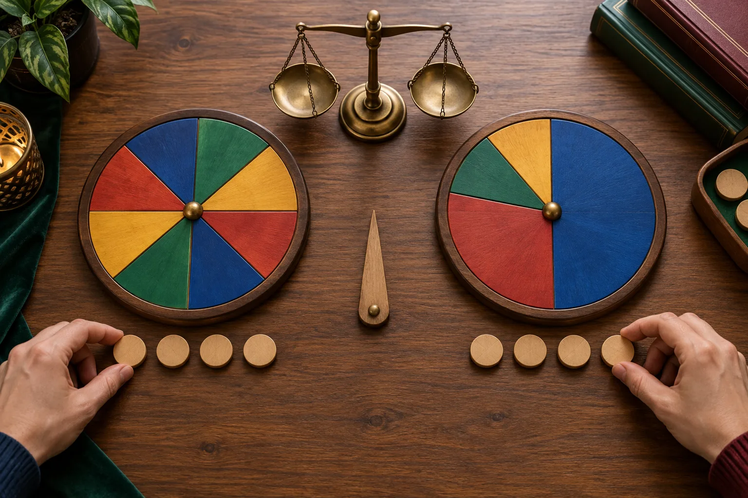 Two handmade circular boards with contrasting distributions of colored segments, Anonymous hands place equal token totals