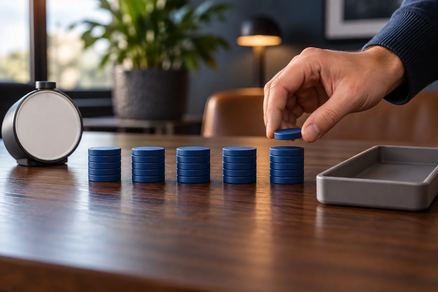 An anonymous hand dividing a fixed pile of plain tokens into equal per-round stacks, The hand completes the final equal