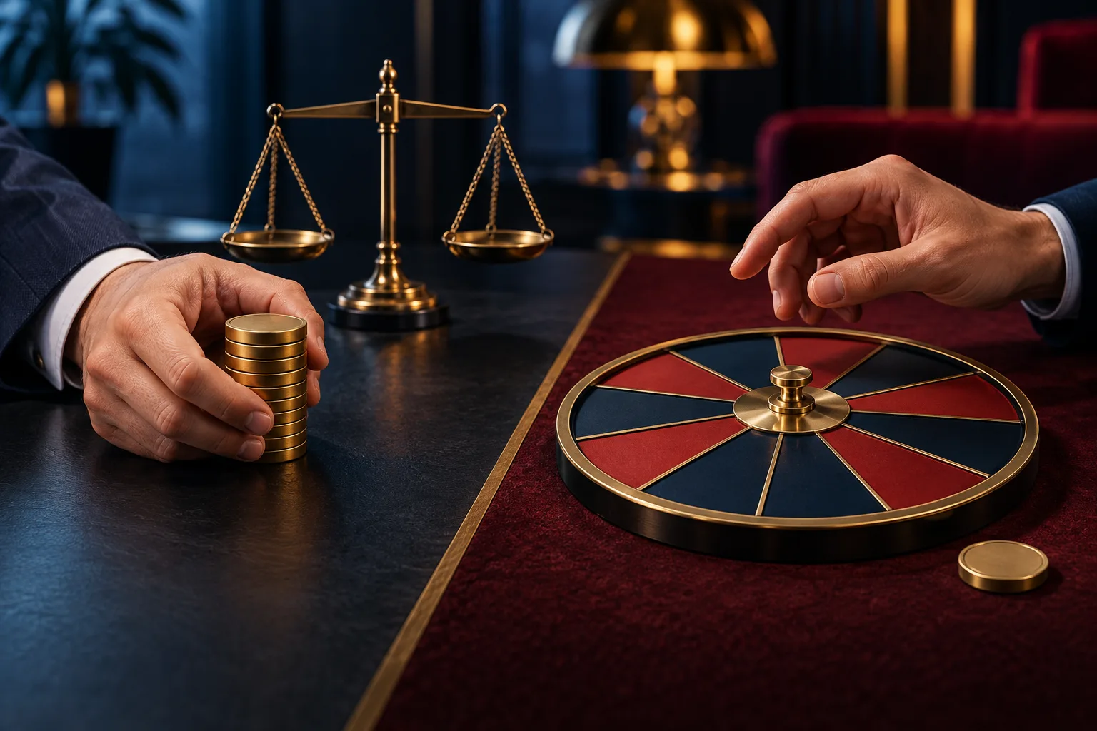Two anonymous hands weighing a fixed token pile against a chance-based wheel option, One hand holds the certain token stack