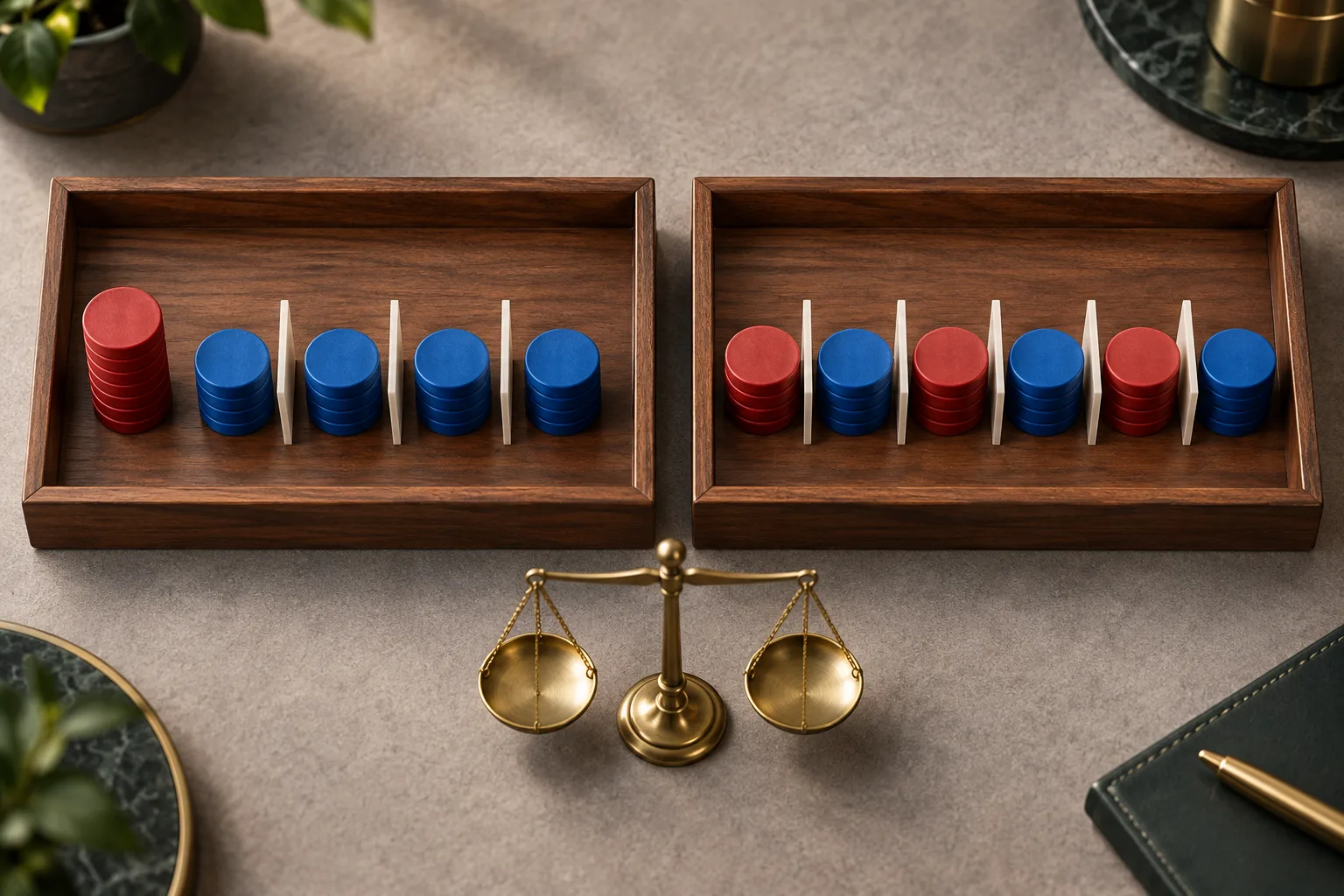 Two physical token arrangements comparing different wagering bases, One tray multiplies only the smaller colored stack into