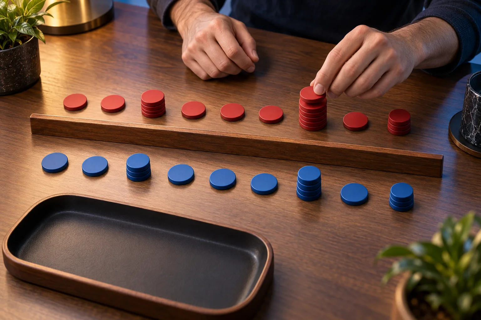 Anonymous hands matching three returned token groups against eight spent tokens in each row, The hands place proportionally