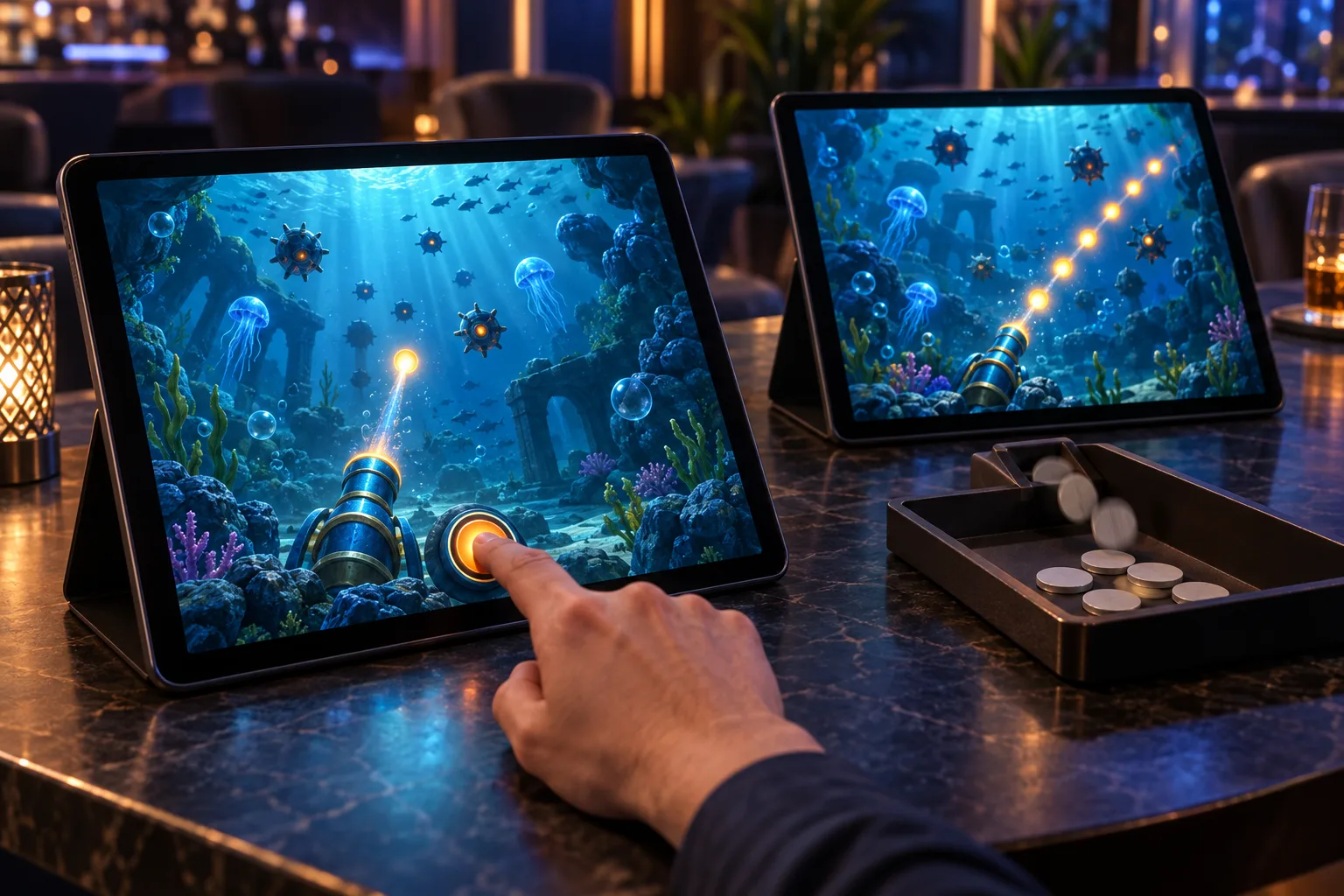One anonymous hand presses a single fire control while the second tablet visibly releases a continuing stream of