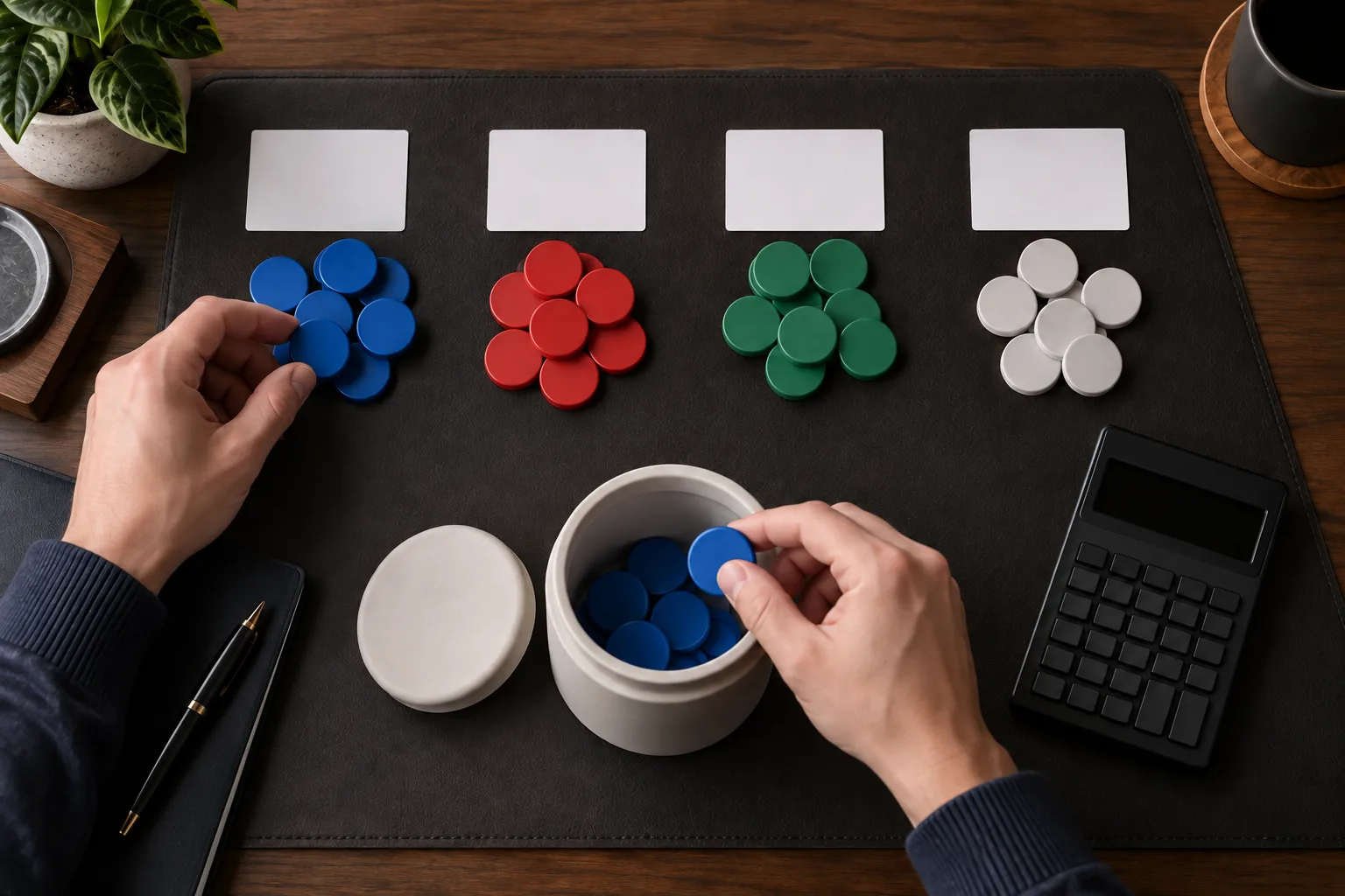 A pair of anonymous hands moving plain tokens through separate stages of a worked example, The hands move qualifying tokens