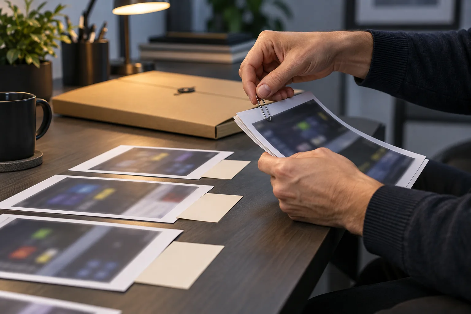 Anonymous hands arranging printed screen captures into a sequence, The hands align before-and-after screenshots and clip the