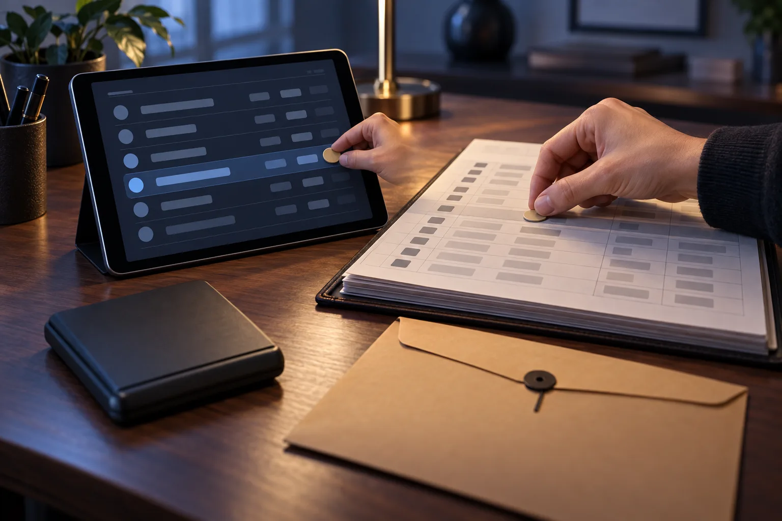 An anonymous hand checking a resolved account state against the original ledger, The hand places matching markers beside the