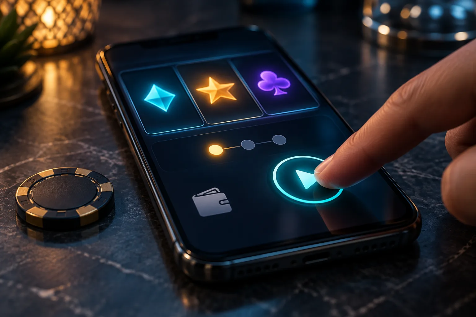 An anonymous fingertip pressing a generic play control as a separate status indicator moves through three visual stages, The