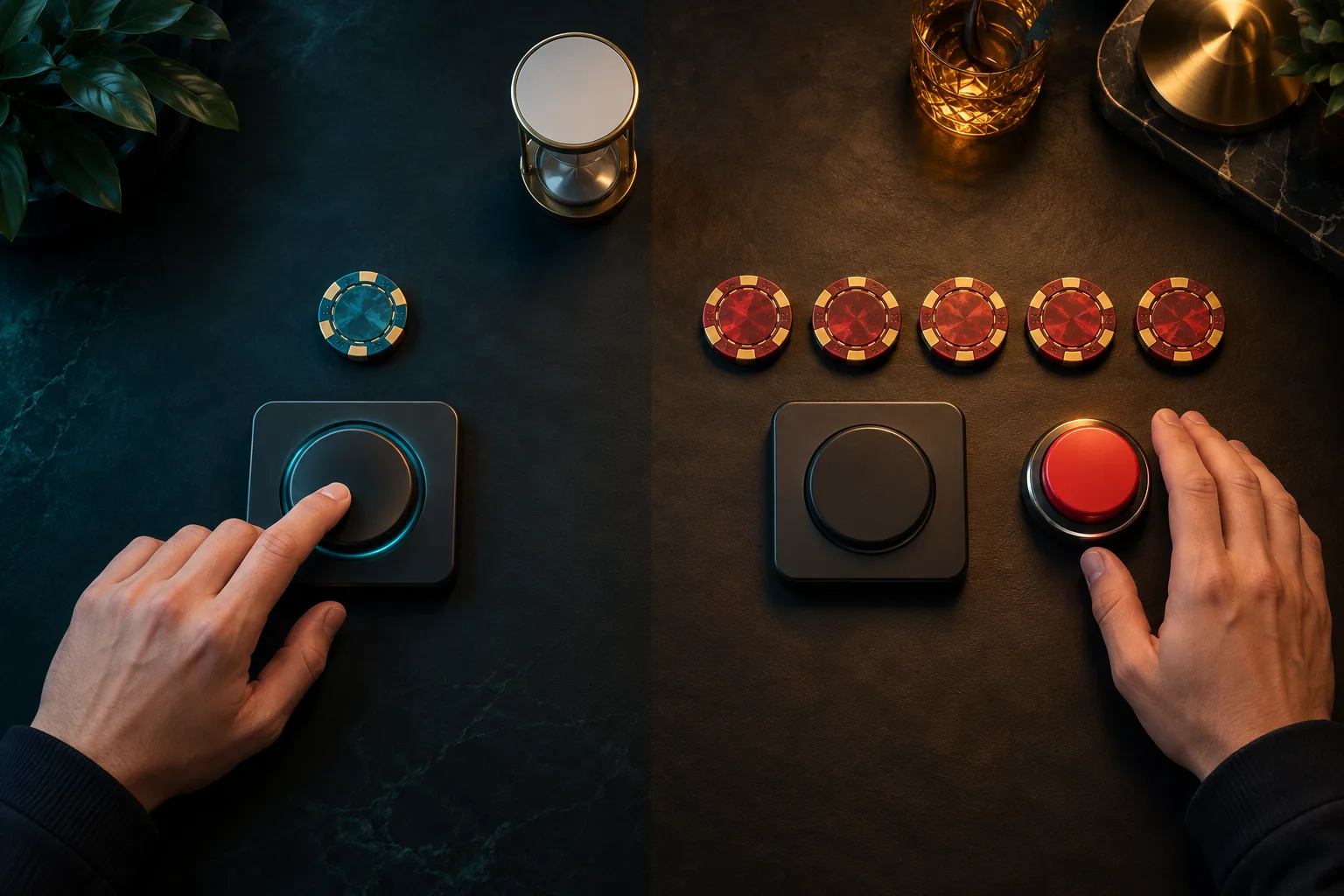 Two anonymous hands comparing one isolated token on the manual side with a queued row of tokens on the repeated-play side