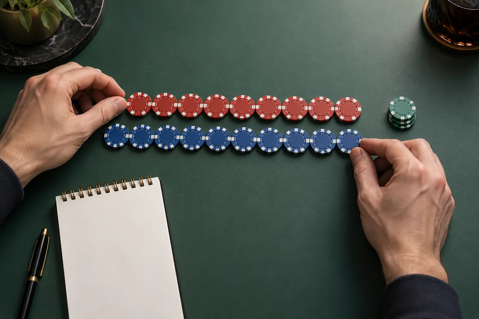 Anonymous hands matching equal rows of plain counters before separating a small expected-cost gap, One hand aligns the