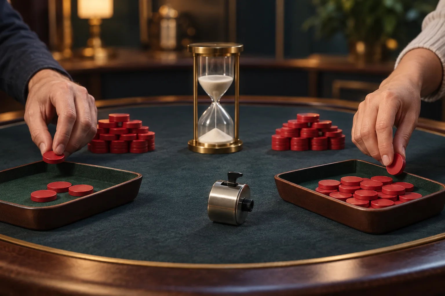 Two anonymous hands moving identical counters toward separate stake trays at different speeds, One hand moves counters