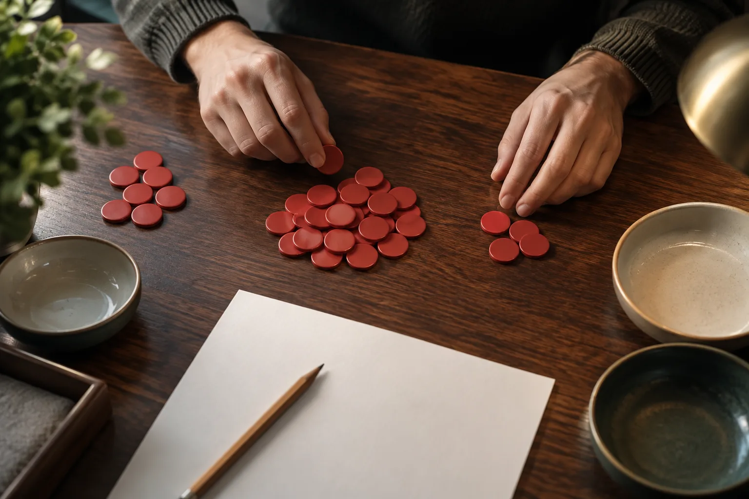 Unidentifiable hands moving plain tokens through a sequence of small groups, The hands move tokens from a starting group