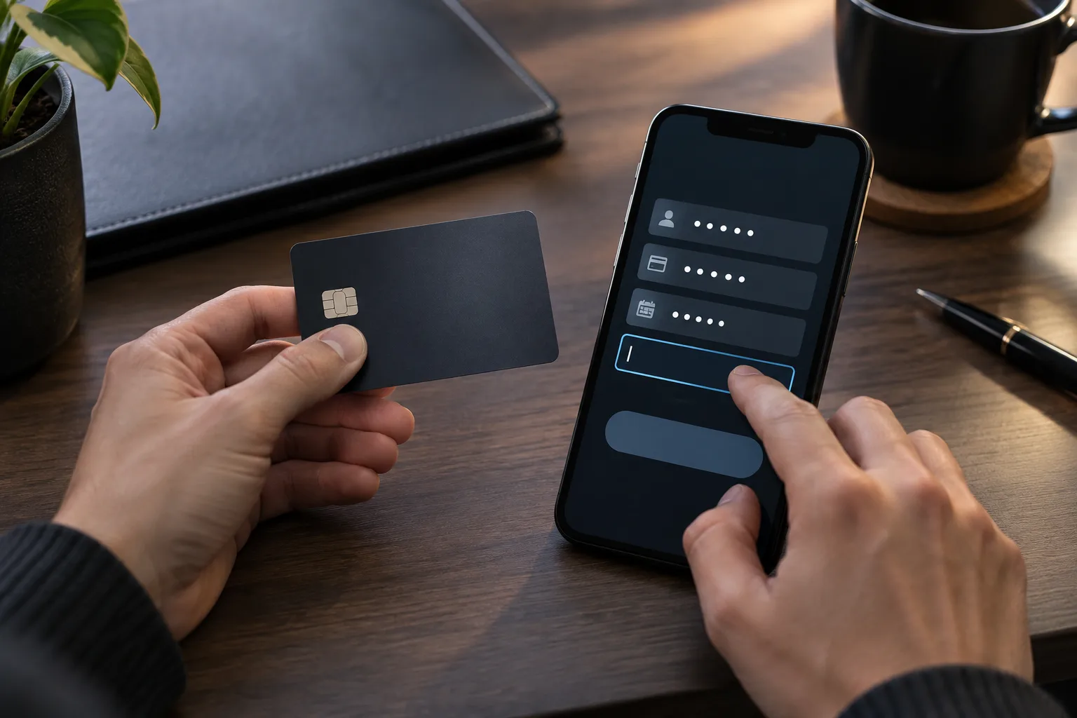 Unidentifiable hands comparing a payment card with a phone form, One hand holds the card beside the phone while the other