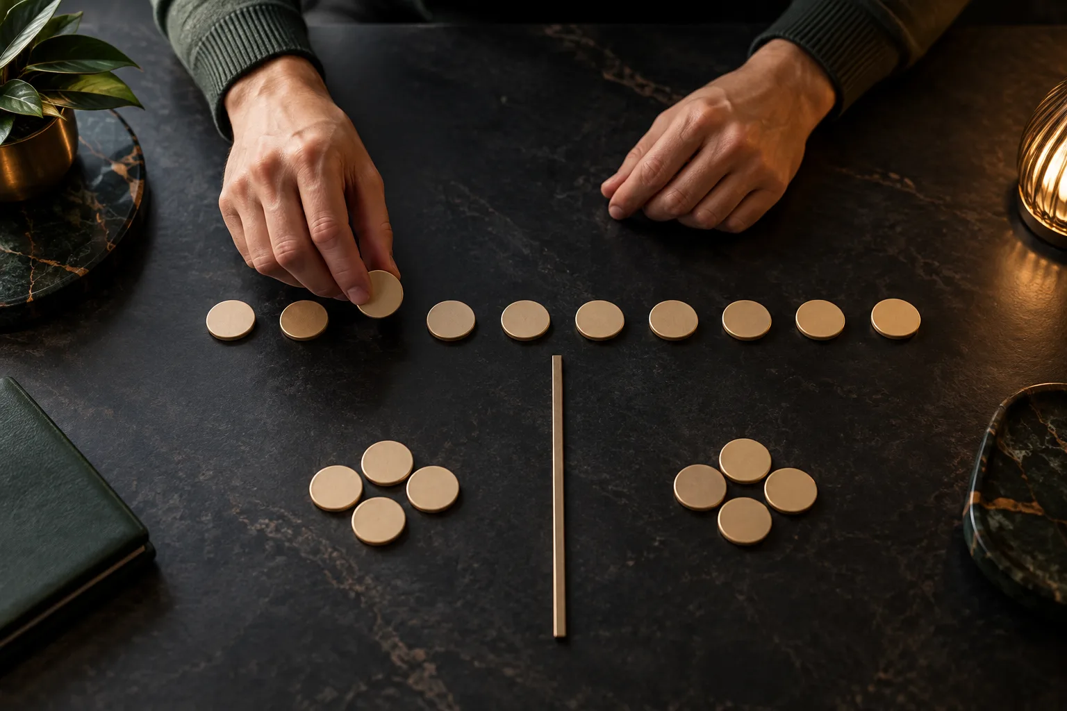 Anonymous hands sorting plain tokens by contribution, One hand moves every other token into the qualifying pile to show a