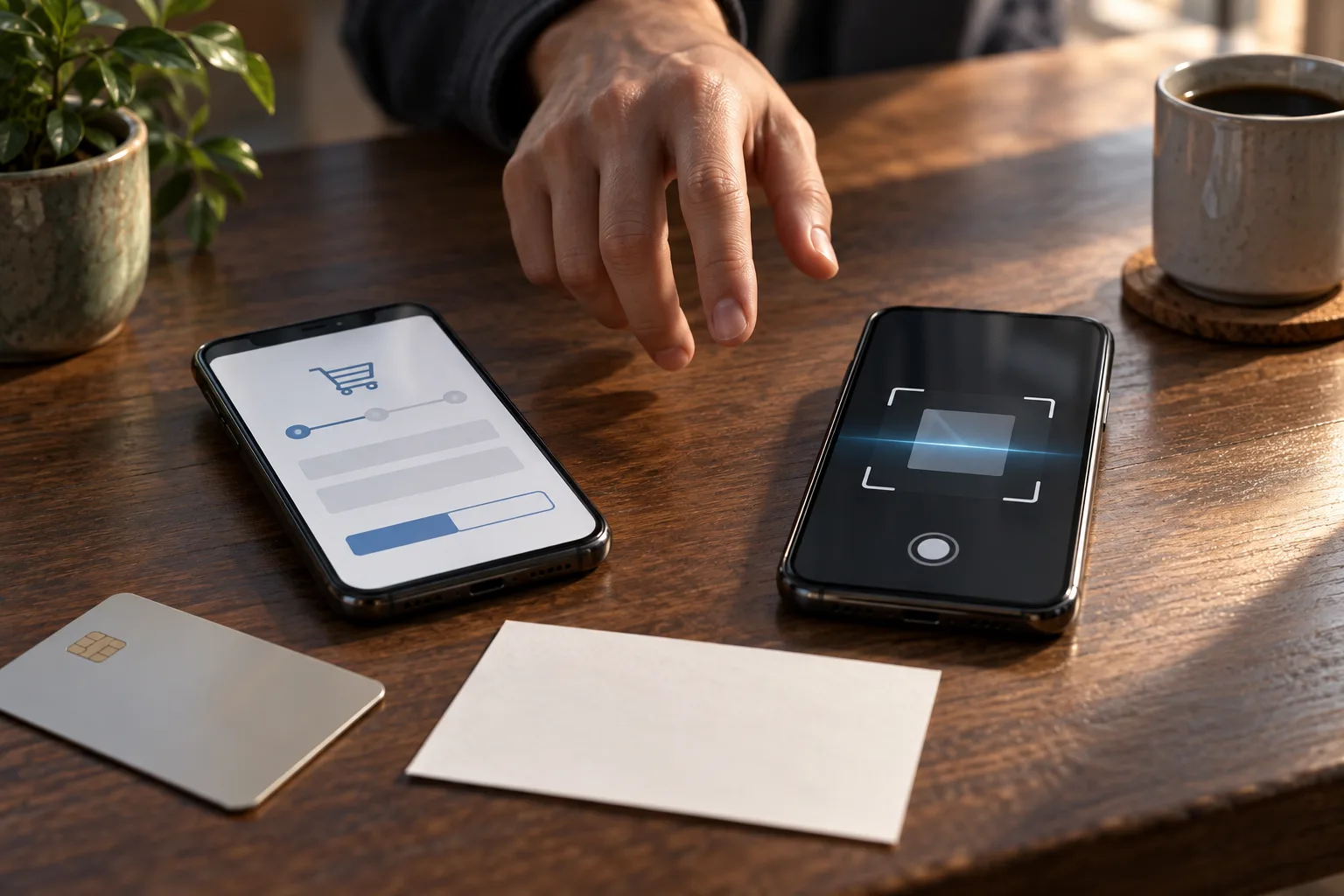 An anonymous hand hovering between two unbranded smartphones, One screen shows a generic integrated checkout in progress