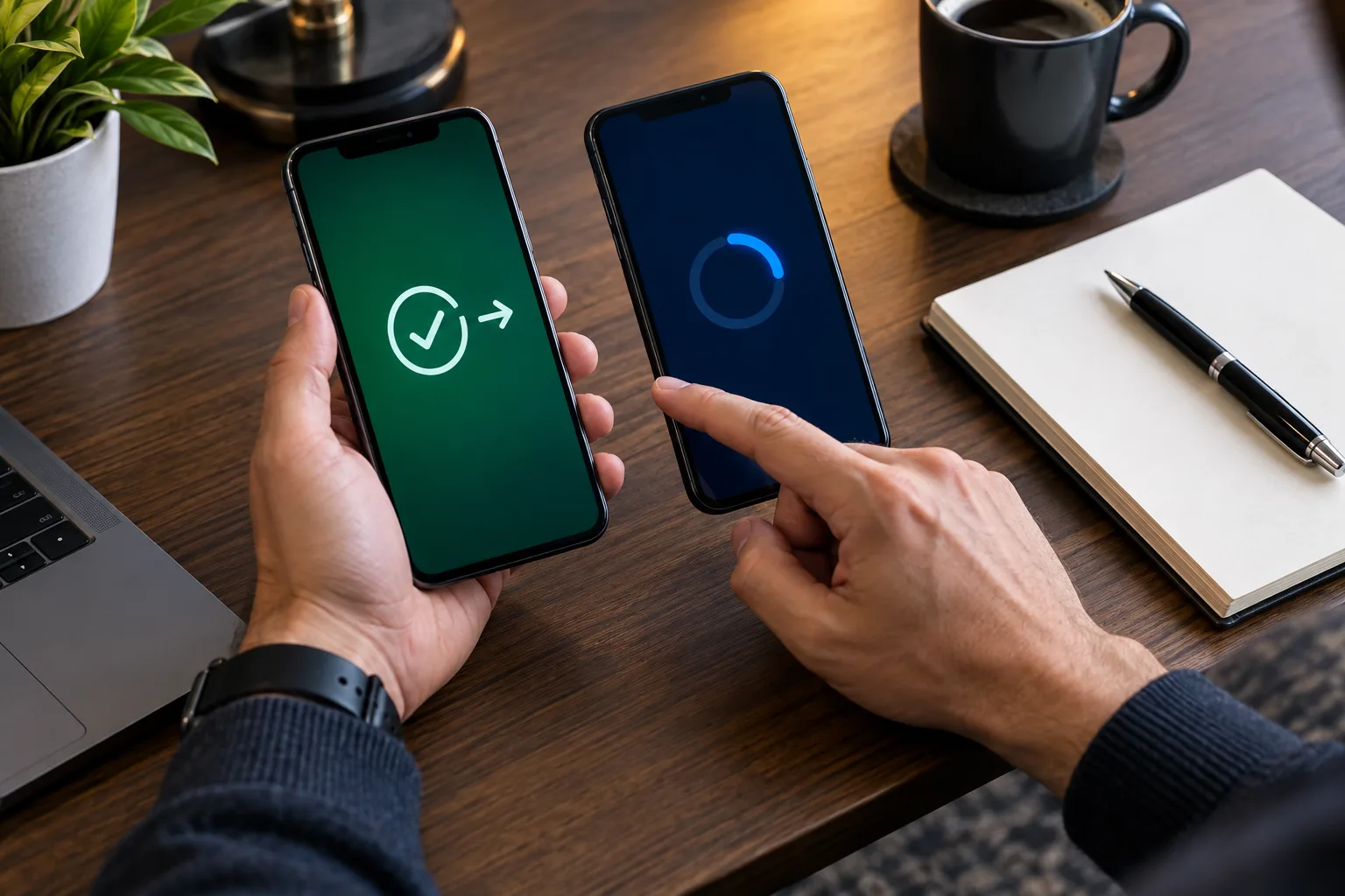 Anonymous hands comparing two unbranded phone screens, One screen displays a generic completed transfer symbol while the