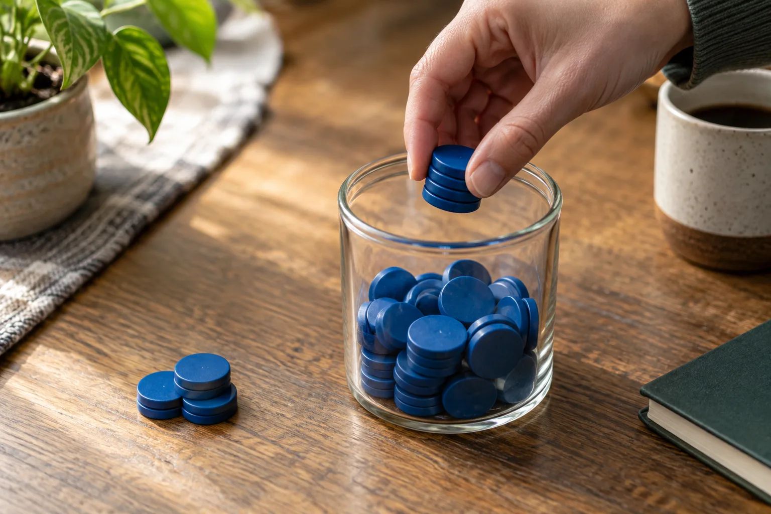 An unidentifiable hand moving equal groups of plain tokens through a clear container, The hand passes another group through