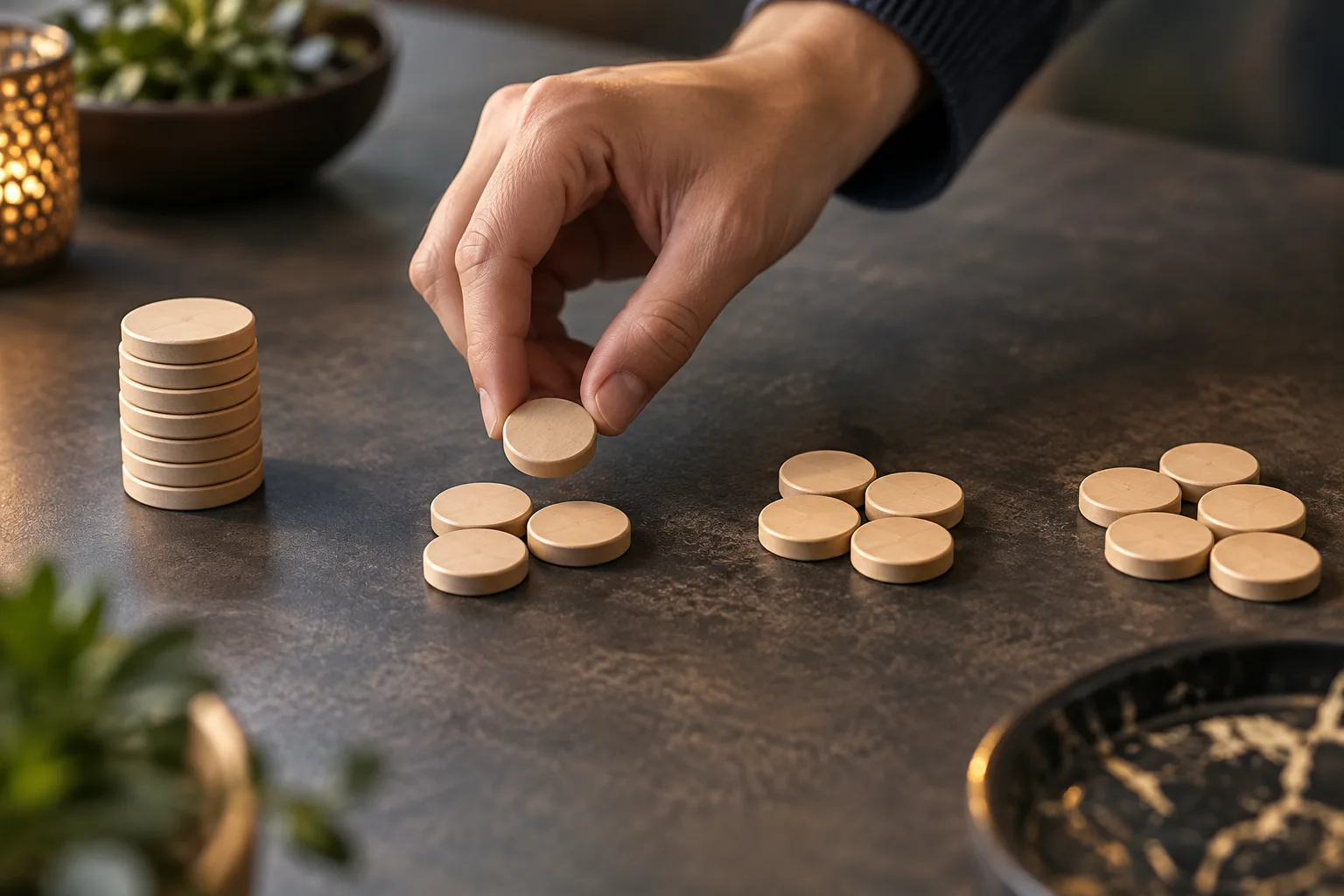 An unidentifiable hand moving plain counters between separate groups, The hand moves one counter into the spent-shot group