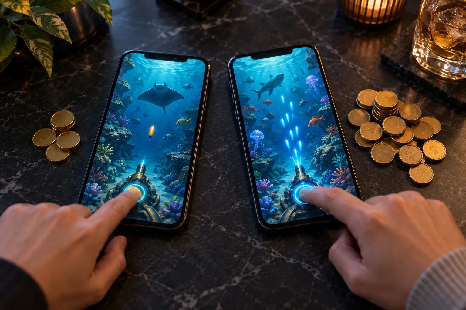 Two anonymous hands comparing firing controls, One hand taps once while the other holds fire, with the token piles showing