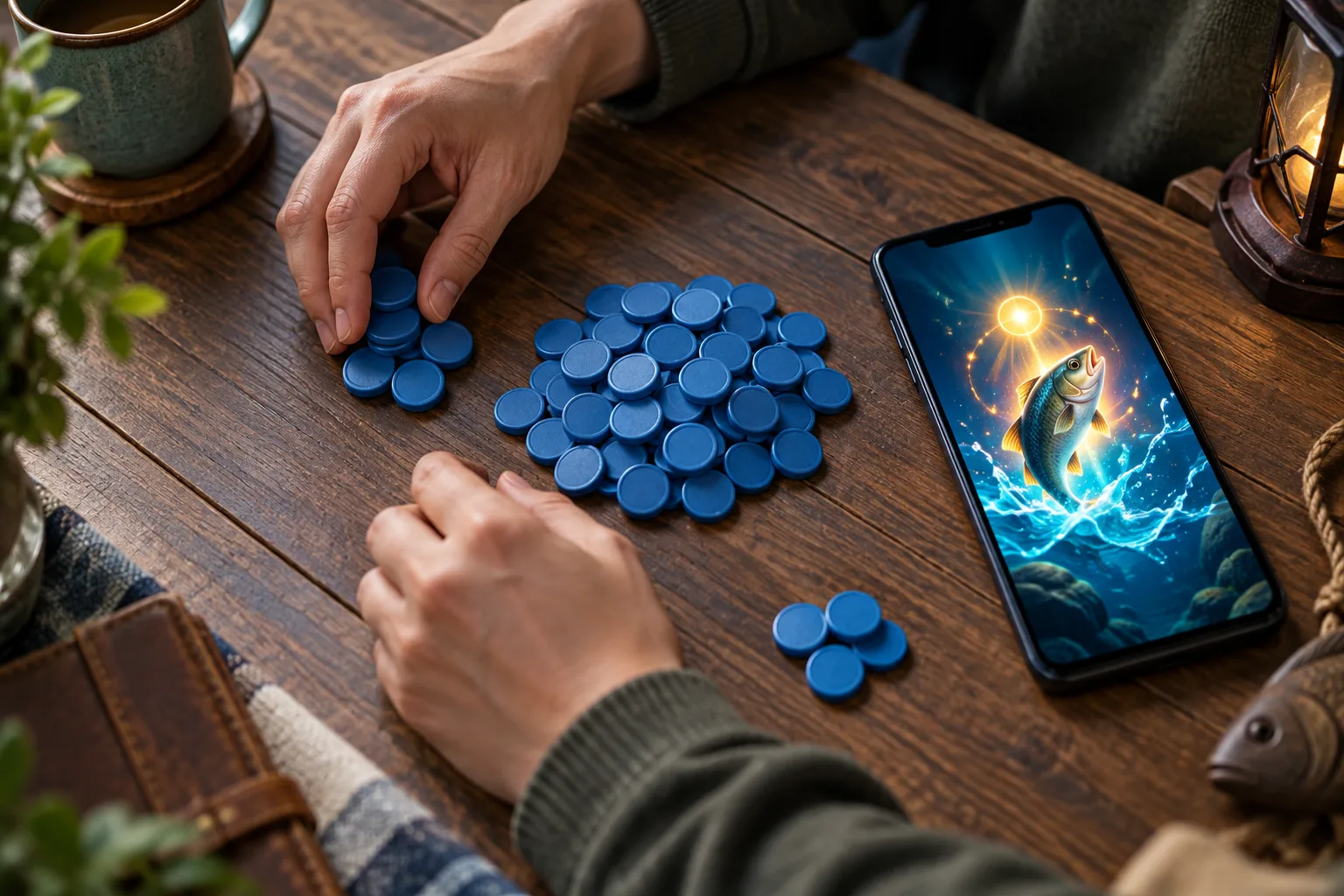 Anonymous hands reconciling tokens after a short burst, The hands move returned tokens beside the remaining balance while