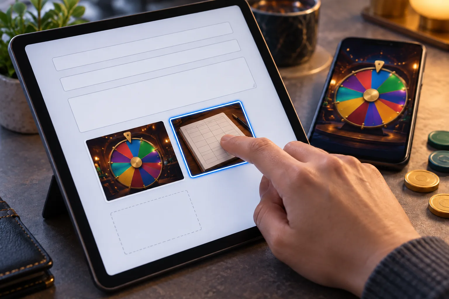 A hand attaching round evidence to a partially completed support form, The hand selects the ledger thumbnail for attachment