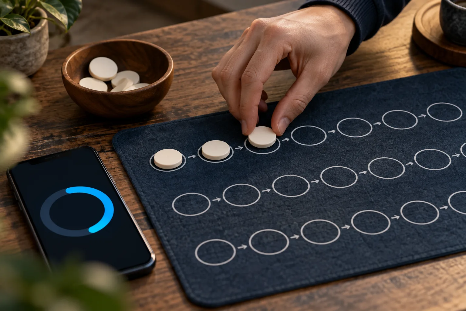 An anonymous hand moving a small pool of plain tokens through several successive rows of empty circles, The hand moves a