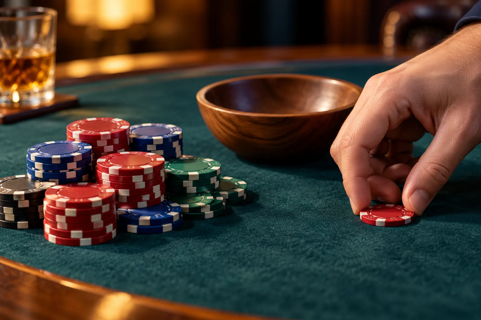 An anonymous hand returning one plain token beside a larger group of staked tokens, The hand places the smaller return