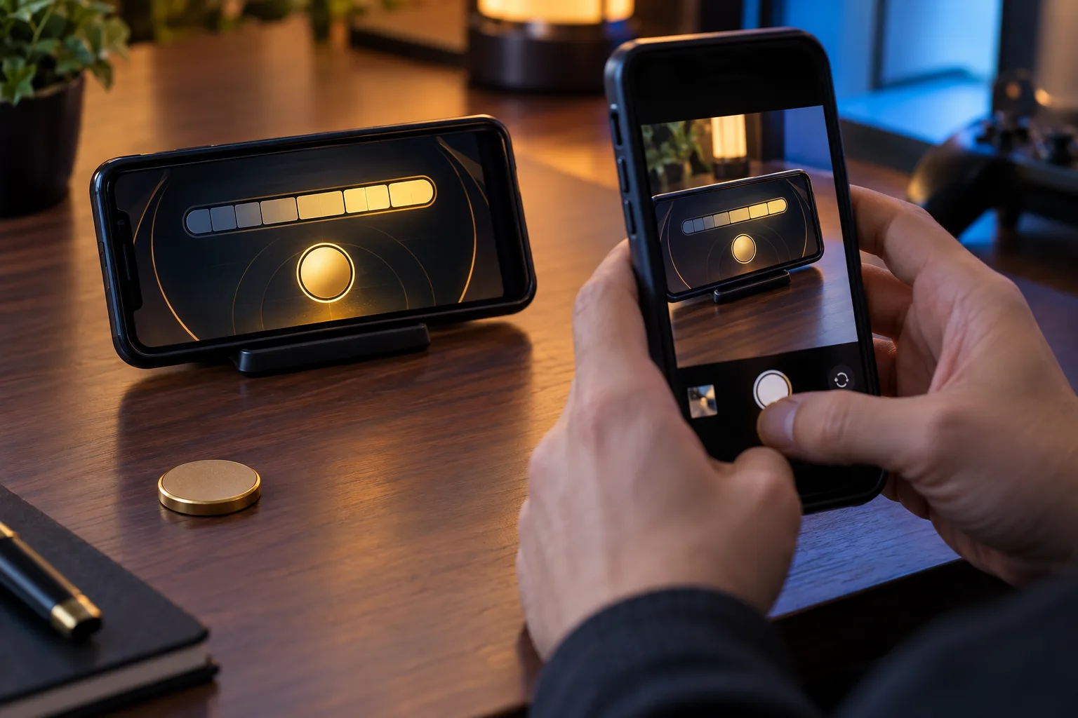 Unidentifiable hands photographing a phone screen with another device, The player photographs the counter and round tile