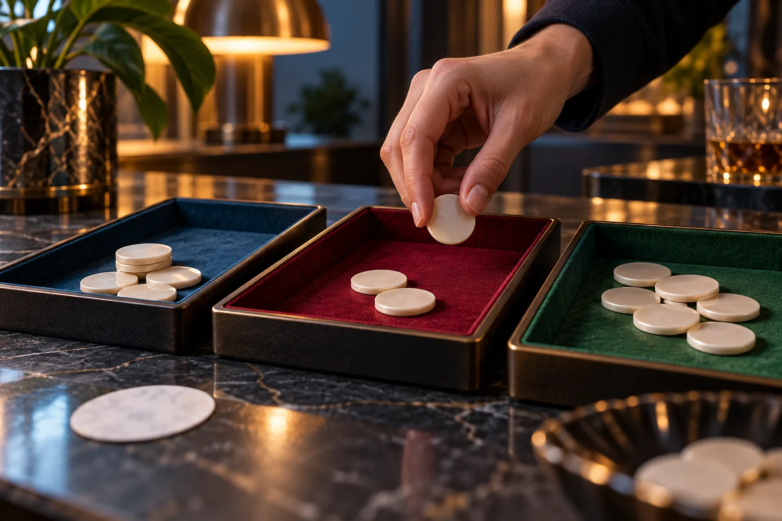 An unidentifiable hand moving plain tokens between three unmarked trays, The hand places the disputed tokens into one tray