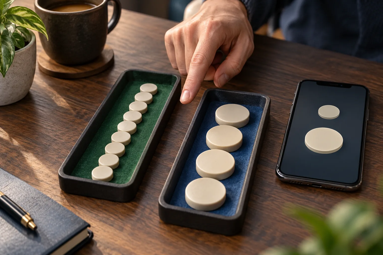 Two rows of plain tokens showing many small stakes beside fewer larger stakes, An unidentifiable hand points between the two
