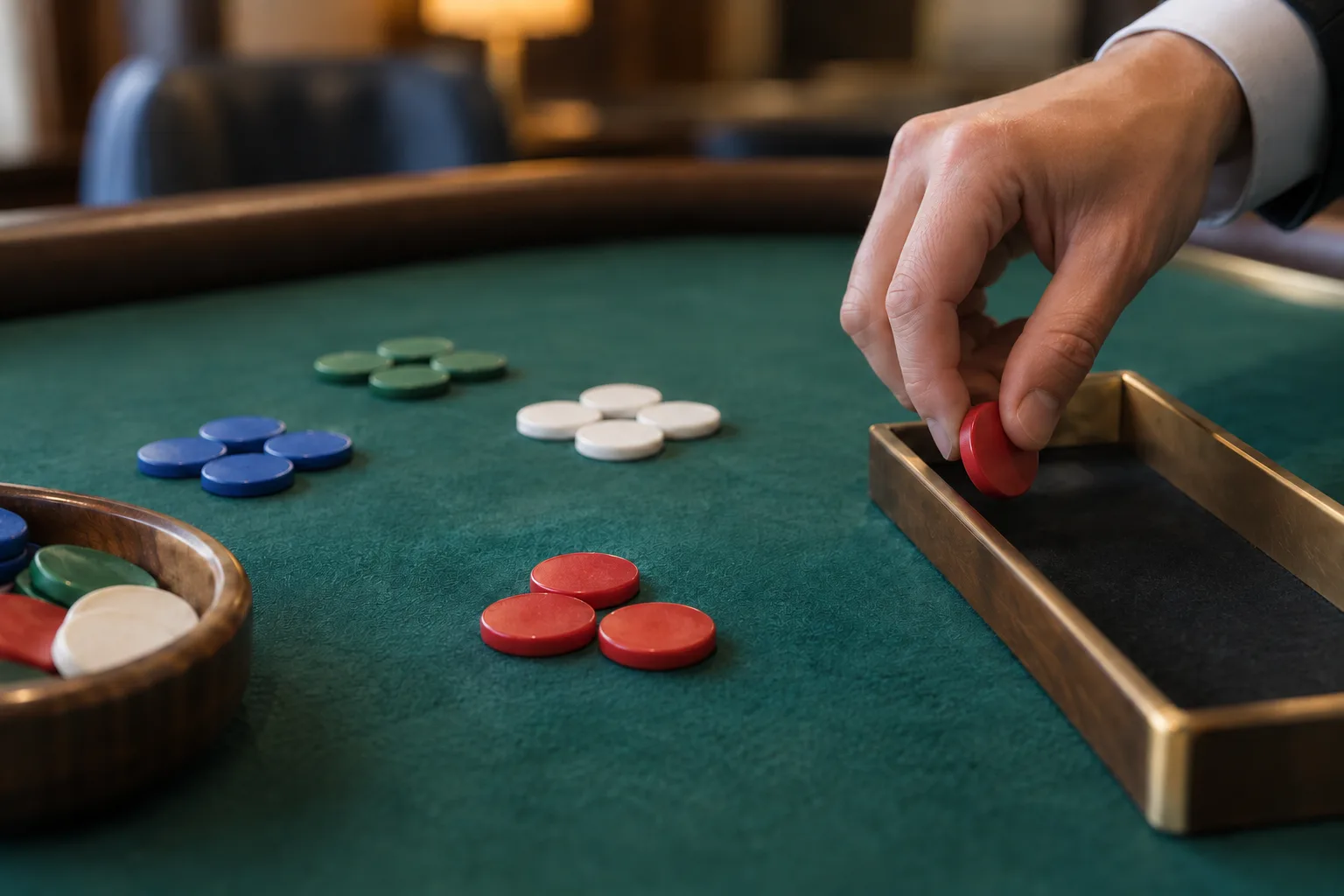 An anonymous adult's hand moving one token from an equal group while leaving its companions behind, The hand transfers one