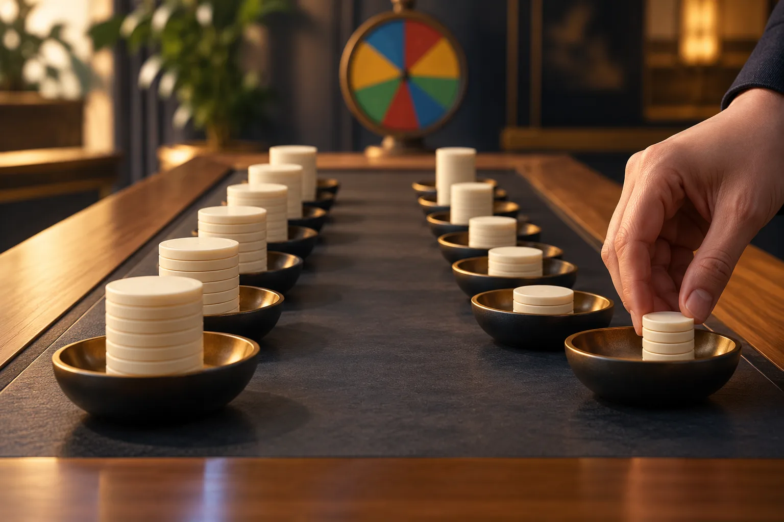 Equal token stakes in one row beside progressively smaller token stakes in the other, An anonymous adult hand places a