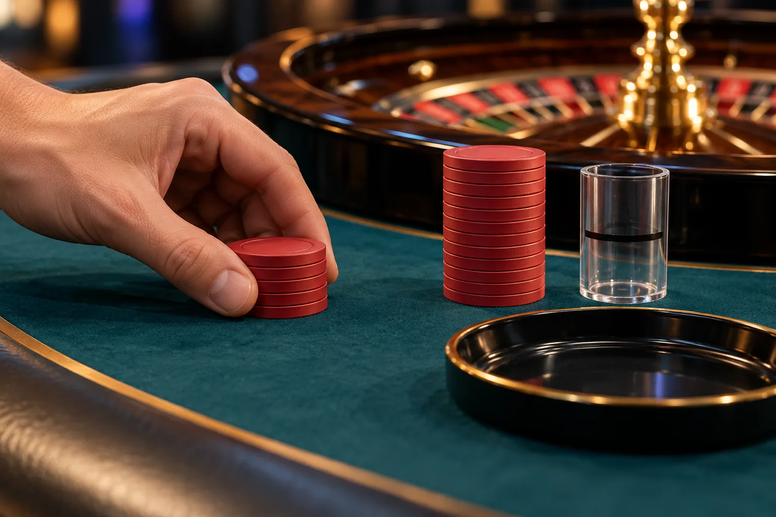 A short token stack beside a taller reference stack marking the hypothetical minimum, An anonymous adult hand pulls the