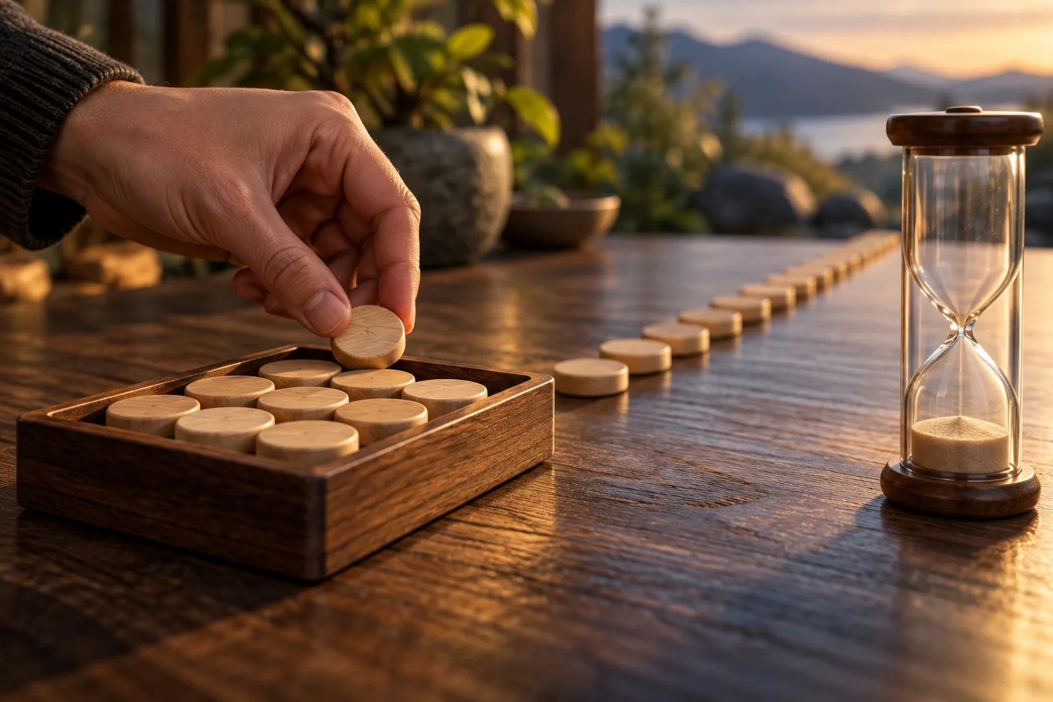 A short tray of plain counters beside a much longer sequence of identical counters, An anonymous adult hand sets the final