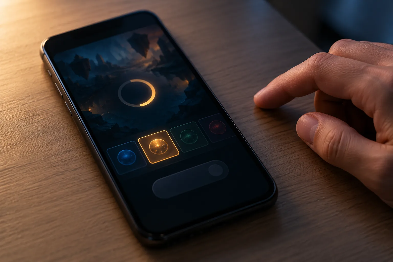 An anonymous hand held away from a stalled game's wager control, The phone shows a dimmed fictional game beneath a loading