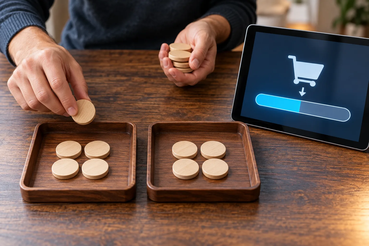 Anonymous adult hands separating qualifying purchase tokens from credited turnover tokens, A hand divides a group of plain