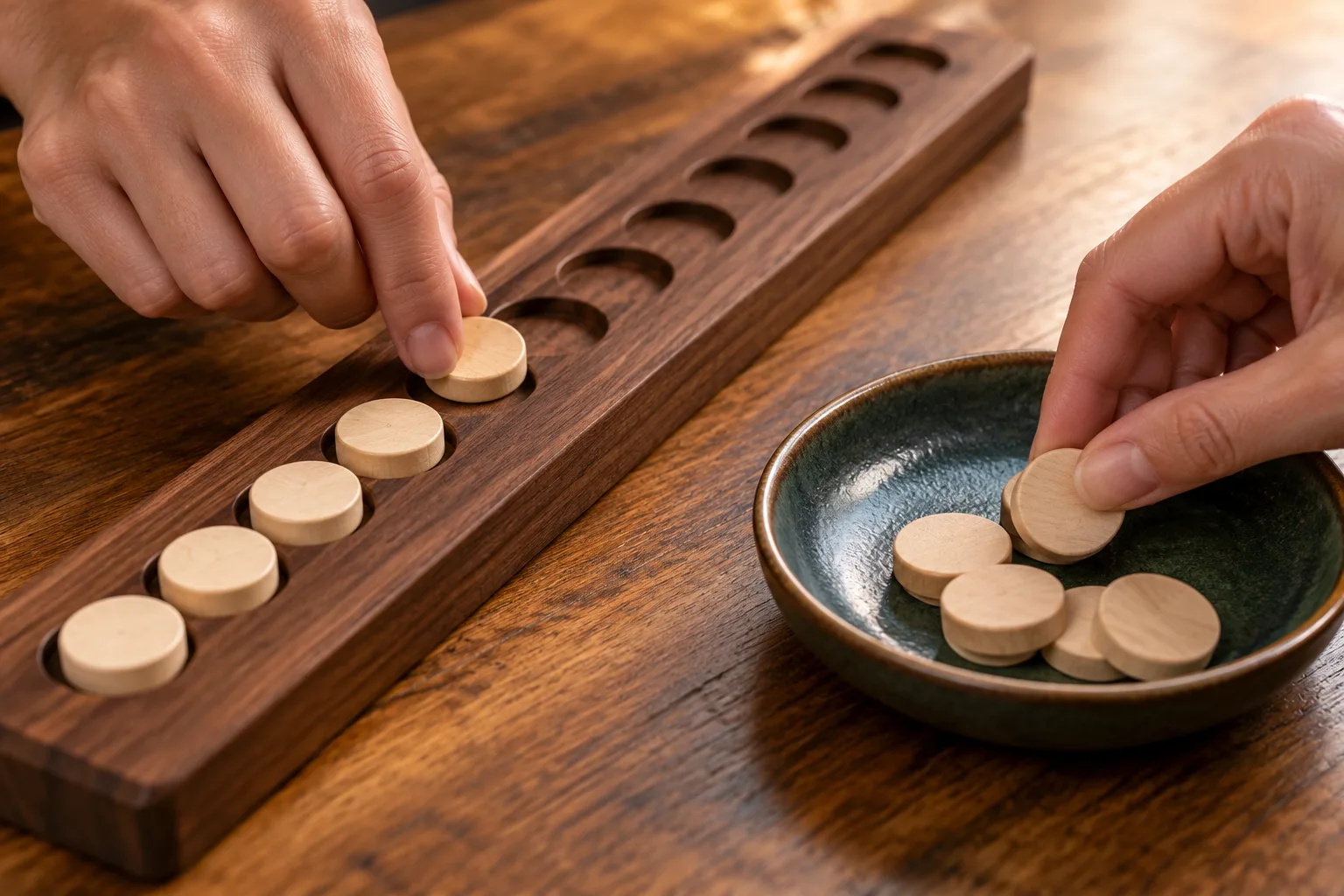 Anonymous adult hands separating paired counters so only part advances along the track, One hand places a counter into the