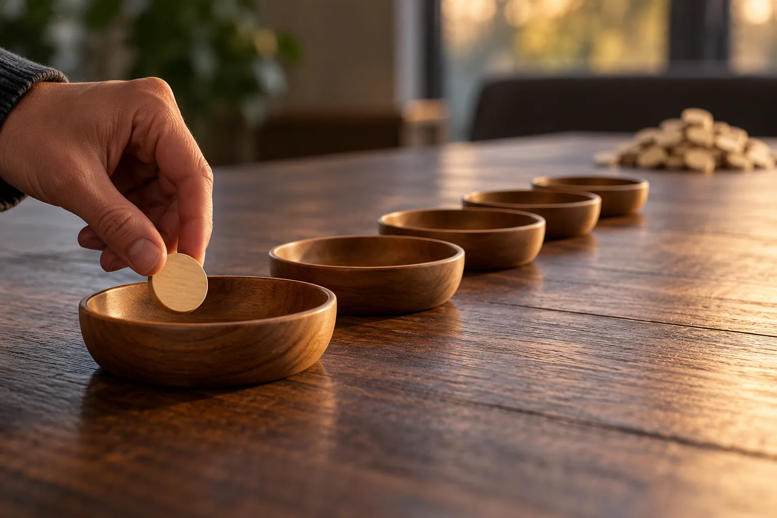 An anonymous adult's hand beside an exhausted starting supply of counters, with unfilled stake dishes still separating it