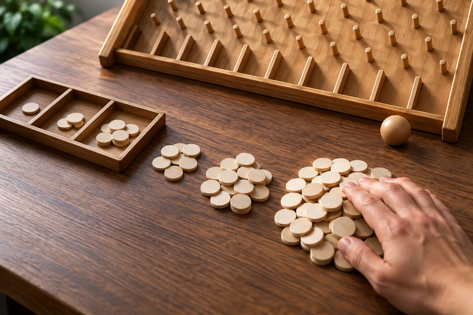 An anonymous adult hand preparing a larger stake after earlier stakes have been set aside, The hand pushes the largest token